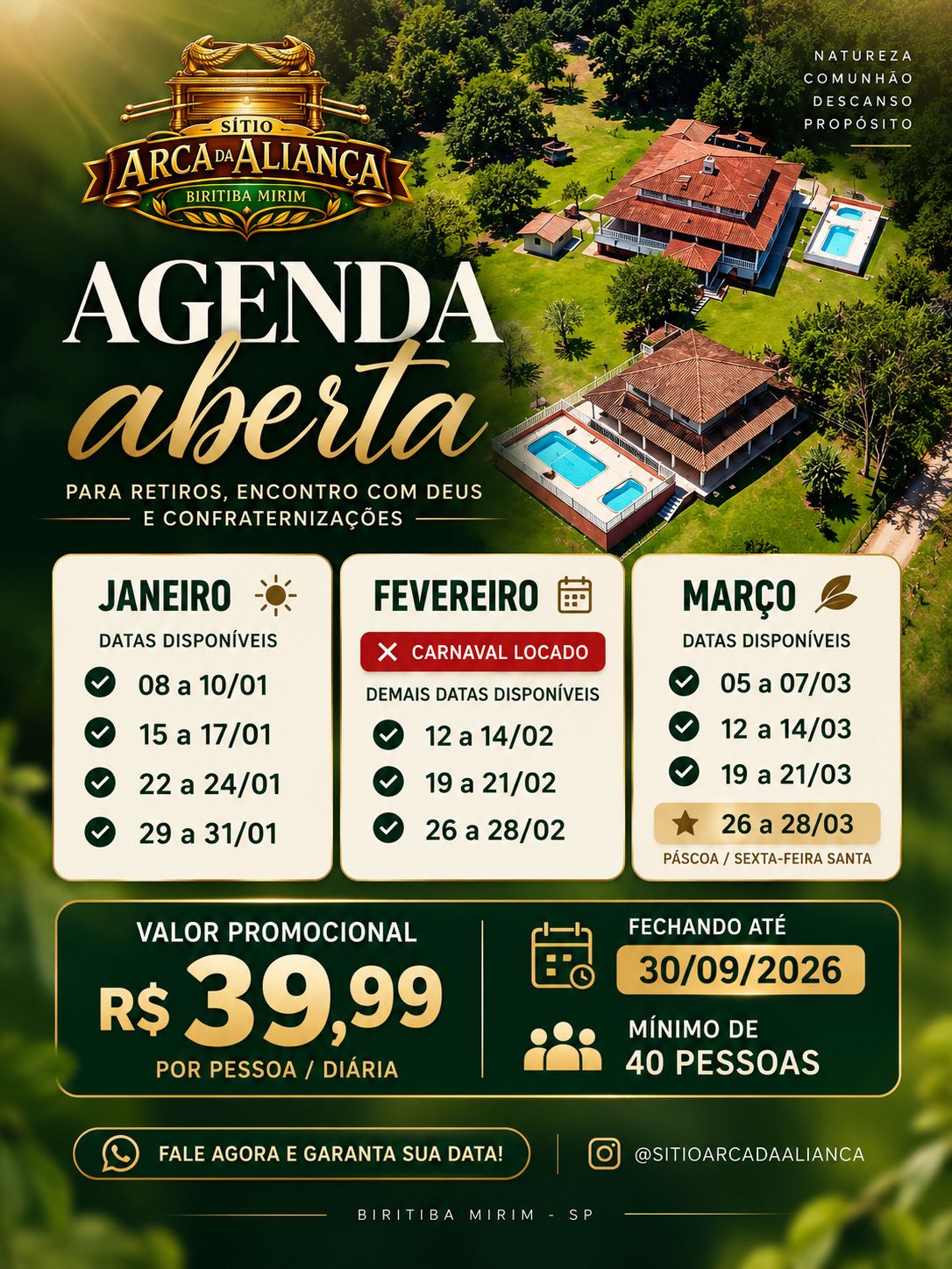 Promoção para janeiro, fevereiro e março de 2027 no Sítio Arca da Aliança